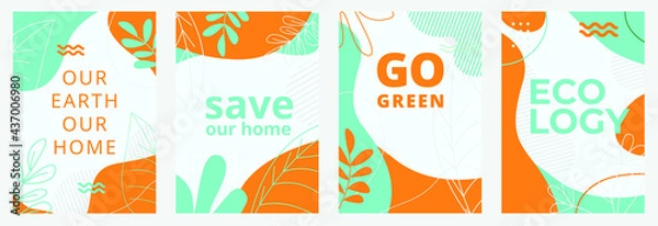 Fototapeta Set of Ecological posters with green backgrounds, liquid shapes, leaves and elements. Layouts for prints, flyers, covers, banners design. Eco concepts. Vector illustration