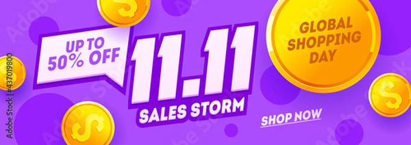 Fototapeta 11.11 Shopping Day Purple Banner, Global Shopping World Day. Singles day sale flyer. Vector