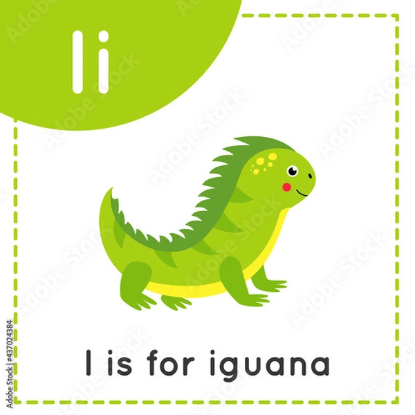 Fototapeta Learning English alphabet for kids. Letter I. Cute cartoon iguana.