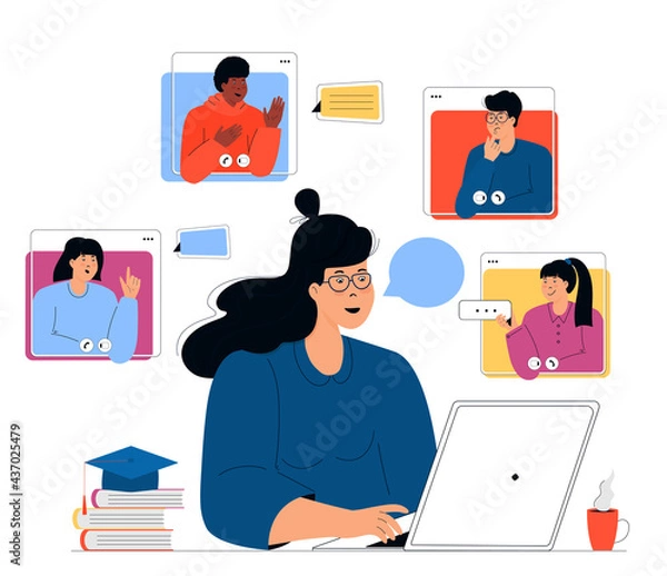 Fototapeta Online education. Distance learning. Female teacher giving lesson on laptop. Tutor having web conference with students.