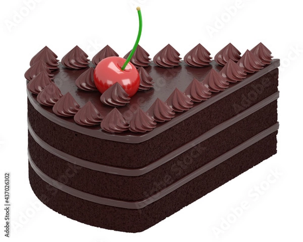 Fototapeta Realistic 3d close-up illustration of an appetizing piece of chocolate cake with chocolate cream and red cherry on the top isolated on white background
