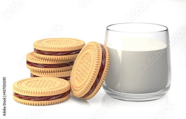 Fototapeta Realistic 3D illustration of a heap of appetizing white cookies with chocolate filling next to a glass of milk on white background