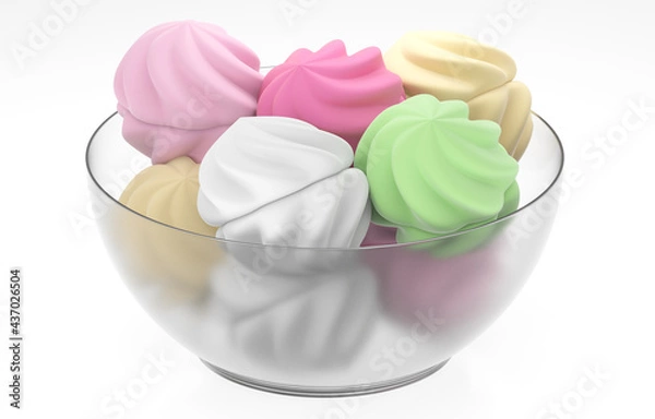 Fototapeta Realistic 3D illustration of appetizing multicolored marshmallows in a glass bowl isolated on white background