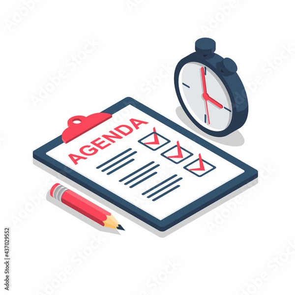 Fototapeta Clipboard agenda. Monitoring time stopwatch. Pencil for report. Vector illustration isometric design. Isolated on background. White sheets with marks.