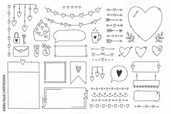 Fototapeta Cute bullet journal element doodles with hearts, love theme.Hand drawn banners and marks for notebook, planner or diary.Frames, borders, vignettes, dividers,notes,lists collection.Vector illustration
