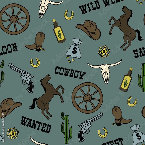 Fototapeta Seamless vector pattern with wild west cowboy on grey background. Simple western wallpaper design for children. Decorative Texas fashion textile.