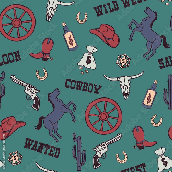 Fototapeta Seamless vector pattern with wild west cowboy on teal blue background. Simple hand drawn western wallpaper design. Decorative Texas fashion textile.