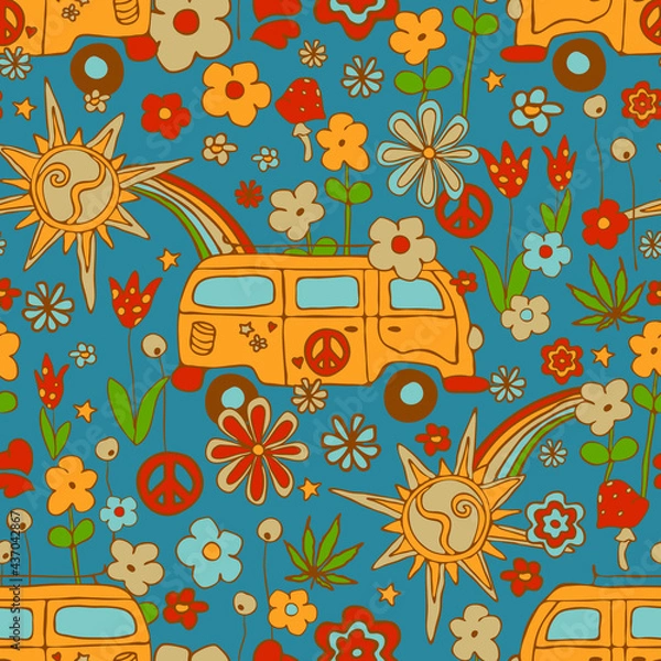 Fototapeta Seamless vector pattern with retro boho van on blue background. Vintage decorative life style wallpaper design. Summer meadow fashion textile.