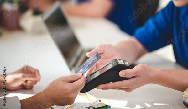 Fototapeta garage business service, client customer person make a payment with credit card or money to buy and repair at vehicle car auto maintenance center,  mechanic hand working to pay, transportation term