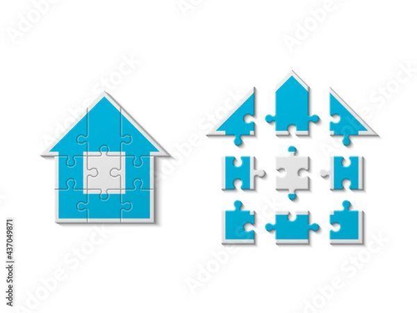 Obraz Puzzle house presentation. Home kit banner. Infographic template with explanatory text field for business statistics illustration