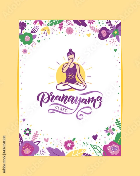 Fototapeta Woman in cross-legged pose practicing breathing exercise. Nadi shodhana Pranayama technique. Calligraphy inscription. Vector illustration for logotype, pocter, magasine, banner, t-shirt
