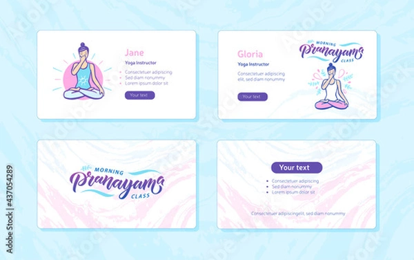 Fototapeta Morning Class Pranayama Visit Cards. Woman in cross-legged pose practicing breathing exercise. Calligraphy inscription. Vector illustration for logotype, poster, magazine, banner, t-shirt