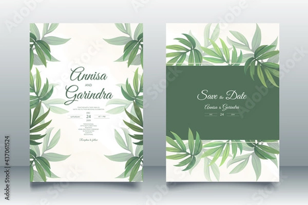 Fototapeta  Wedding invitation card template set with beautiful tropical leaves Premium Vector