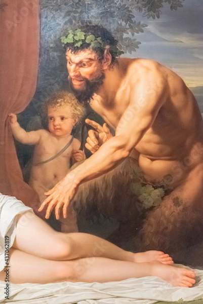 Fototapeta Detail of colorful medieval fresco showing a naked satyr trying to touch a sleeping girl