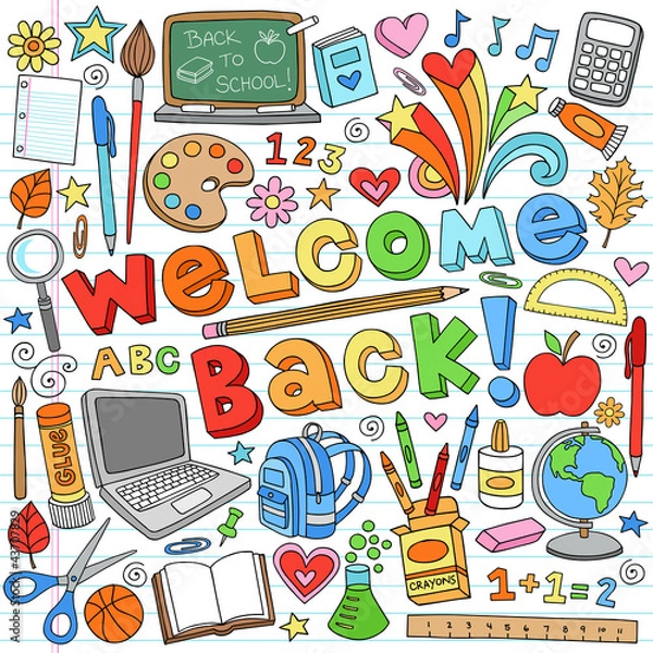 Obraz Back to School Supplies Notebook Doodle Vector Design Elements