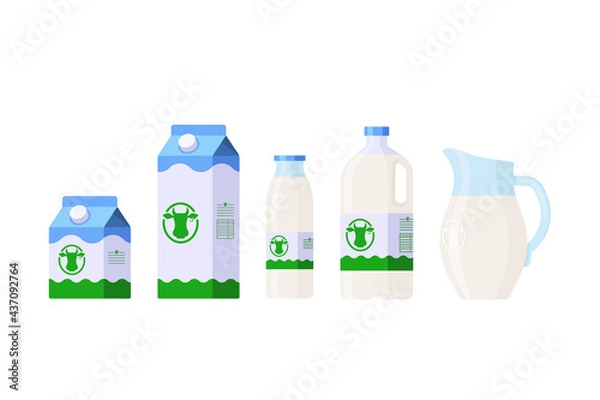 Fototapeta Flat Style Milk Isolated Icons Collection. Set of dairy products in different packages — carton, glass, jug. Vector template for logo, menu, web, stickers, prints