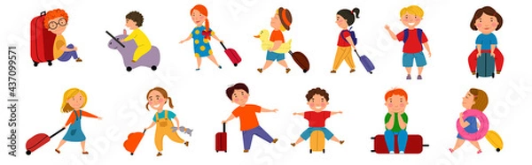 Fototapeta Set of children with suitcases. Cute little kids on a journey. Vector illustration in a flat style on a white isolated background.