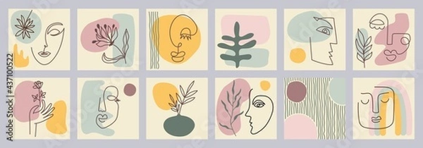 Fototapeta Set of creative hand painted one line abstract shapes. Minimalistic vector posters: woman portrait, flowers, branches, abstraction. For postcard, poster, placard, brochure, cover design, web.