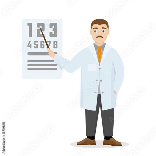 Fototapeta The doctor points with his pointer at the vision test chart.