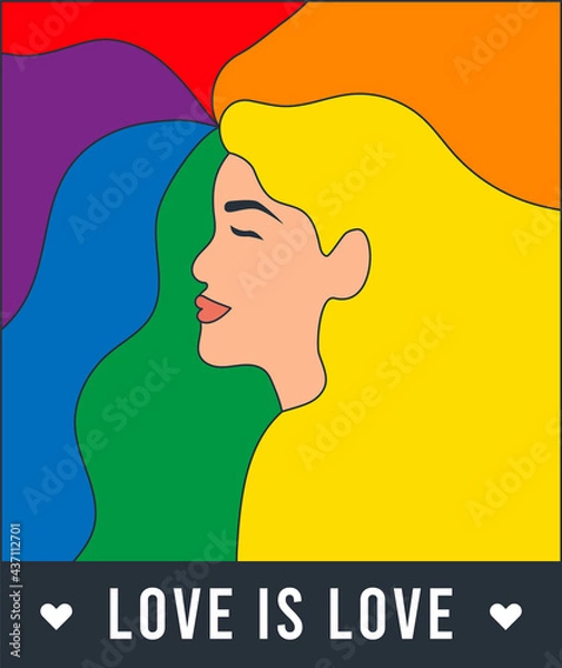 Obraz Pride month 2022 logo card with minority flag.Banner Love is love.Rainbow Pride background,LGBT,sexual minorities,gays and lesbians.Designer sign,logo,icon:colorful rainbow in background.Vector	