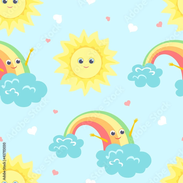 Obraz Childish background with cartoon cute sun, clouds and rainbow. Sky seamless pattern. Vector flat illustration with funny characters.