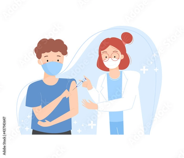 Fototapeta Covid19 vaccination, a man getting vaccinated. Doctor injecting a patient in arm muscle. Immunity health concept. Immunization and vaccination campaign of people against Coronavirus. Flat vector.