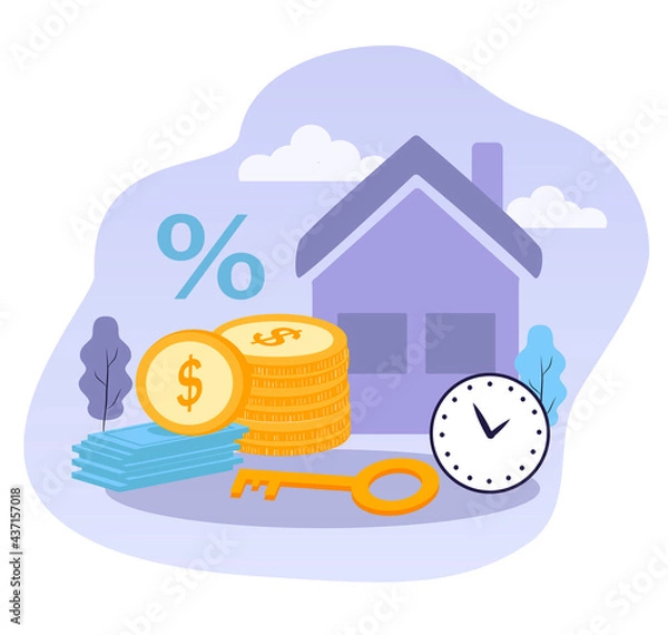 Fototapeta vector hand drawn illustration on the theme of mortgage, banking services. house, stack of banknotes, coins, key. trendy illustration in flat style