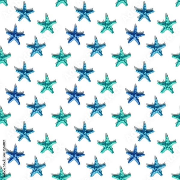 Fototapeta Nautic scene with blue sea stars. Happy, bright and summer mood flat lay.