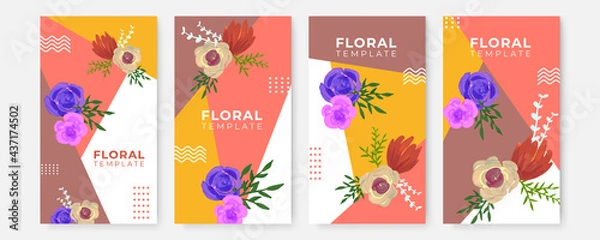 Fototapeta Floral blue banners set. Beautiful Floral Wreath Wedding Invitation Card Template for social media template. Classic blue, white rose, white hydrangea, ranunculus, anemone, thistle flowers