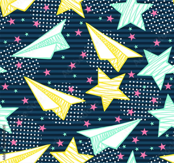 Obraz Hand drawn stars and paper planes with small dots. Vector abstract seamless pattern. Background for printing on fabrics and paper