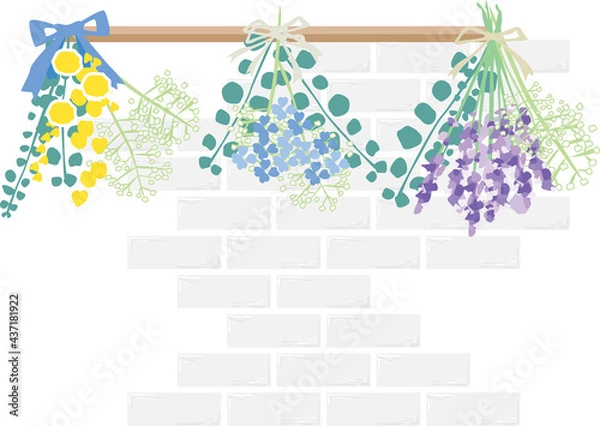 Fototapeta 植物のスワッグと白レンガの壁