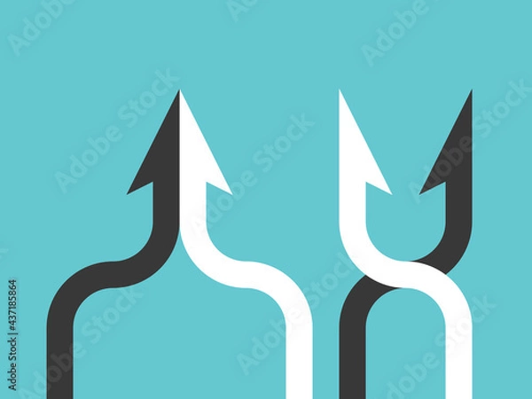 Fototapeta Good, bad teamwork. Black and white halves merging and forming arrow. Partnership, merger, win-win and mutual benefit concept. Flat design. Vector illustration, no transparency, no gradients