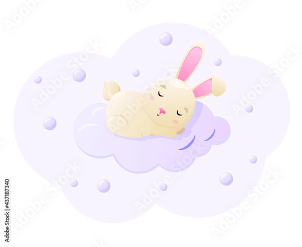 Fototapeta A cute rabbit sleeps on a cloud. Children's illustration of animals in delicate colors.
