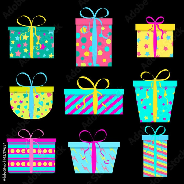 Obraz set of holiday gift boxes of various colors and shapes. collection of 9 items on dark background isolated. vector illustration to complement the decor of banners posters and cards