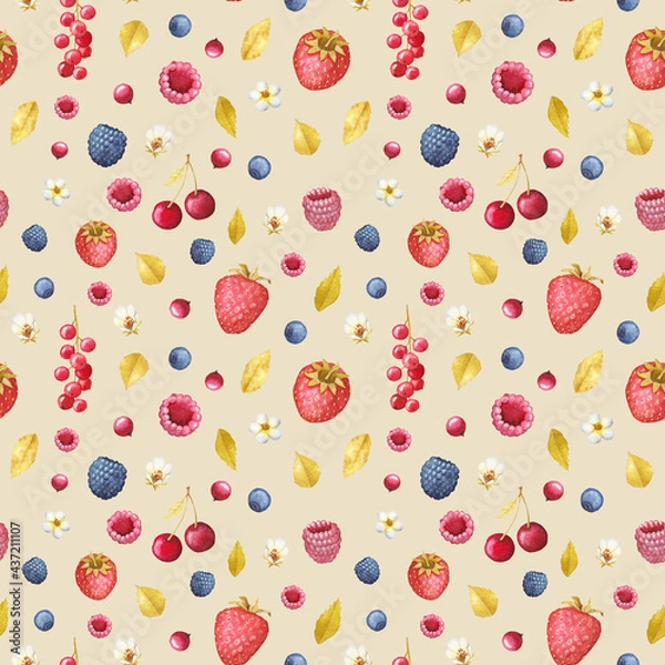 Obraz Watercolor hand-drawn seamless pattern with blue and red berries: strawberries, blackberries, raspberries, currants, cherries