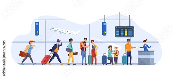 Fototapeta Running tourists delay to flying departure at airport interior people with luggage in queue