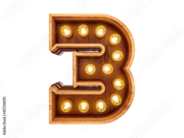 Fototapeta Number 3 with realistic light bulbs and wood isolated on white background. 3D illustration.