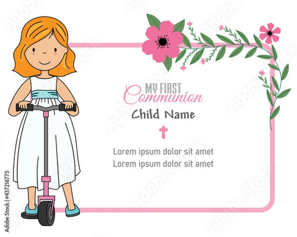 Obraz My first communion card. Girl on scooter and frame with space for text or photo