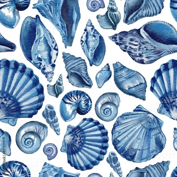 Fototapeta Seamless pattern of blue seashells. Sea shells watercolor hand drawn illustration set isolated on white background for banner, poster, print, postcard, textile, template, card