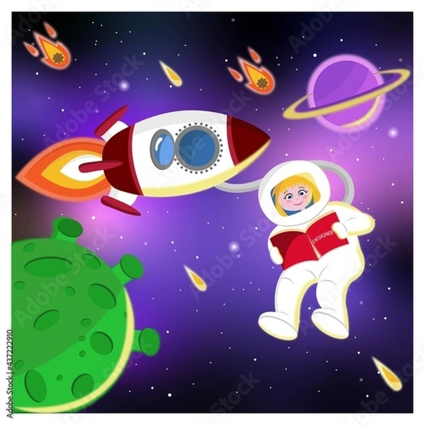 Obraz Astronaut in space with a book, rocket, comet