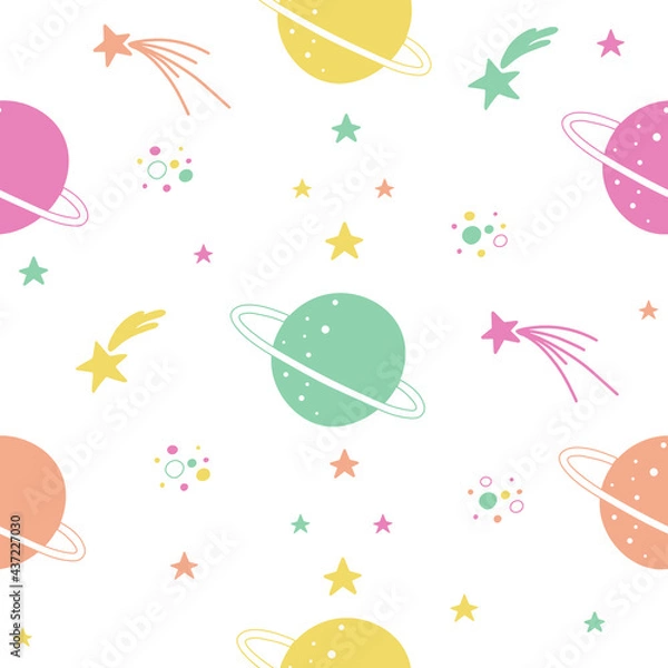 Obraz Seamless pattern with planets and stars in bright colors in the Scandinavian style