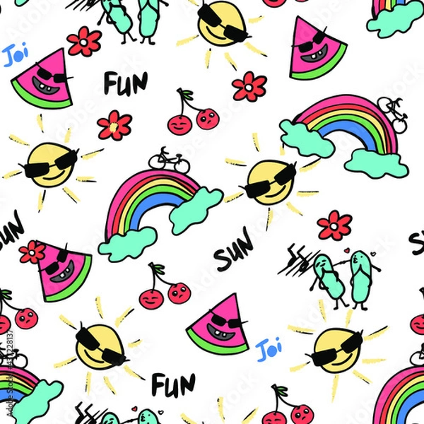 Fototapeta hand drawn doodle  vector summer seamless pattern with rainbow watermelon and sun