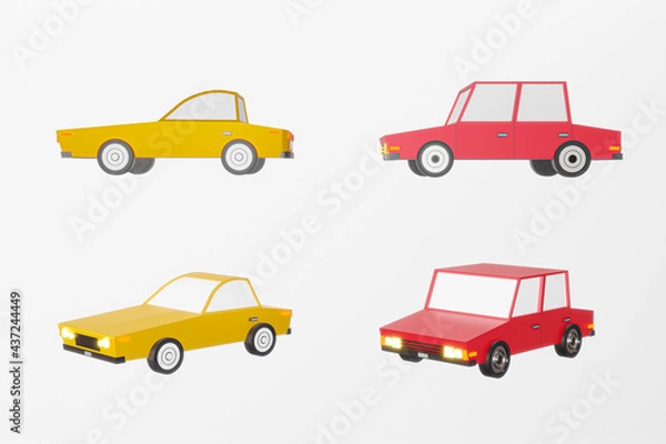 Fototapeta 3D image cartoon low polygon car isolate white background - 3D render