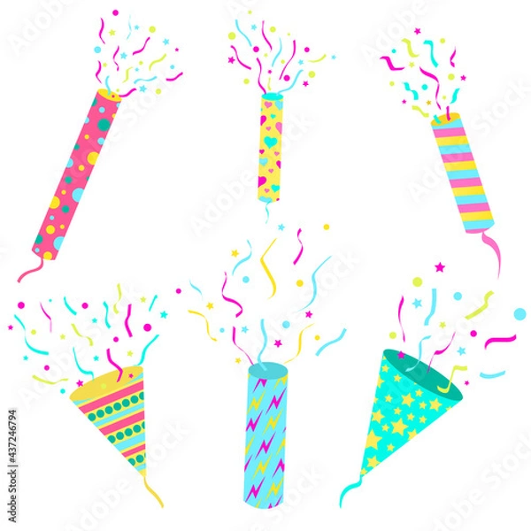Obraz set of festive party firecrackers of different colors, shapes and sizes with patterns and confetti for creating banners, posters and cards, vector illustration, collection isolated on white background