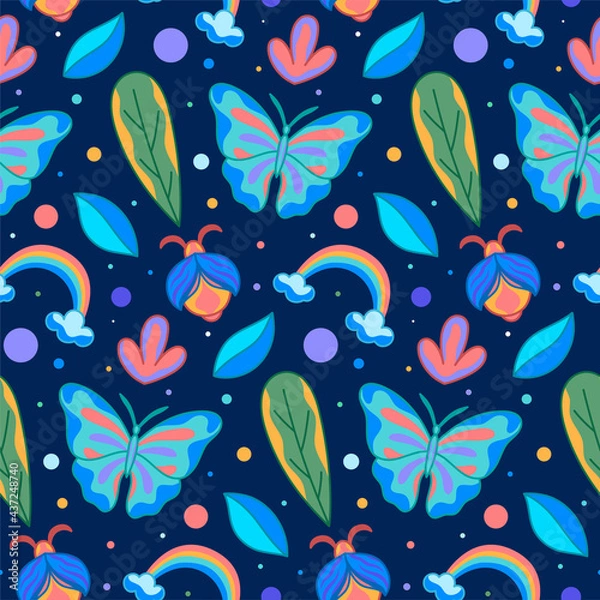 Fototapeta Unique butterfly nature flower vector seamless pattern design. Awesome for spring summer vintage fabric, textile, wallpaper, scrapbooking, gift wrap, accessories, and clothing. Surface pattern design.