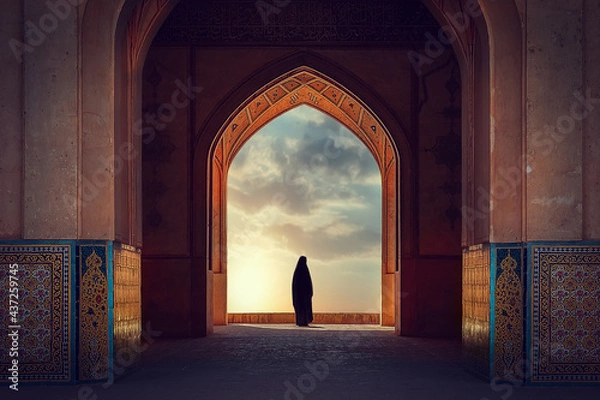Fototapeta Silhouette of a Persian woman in national dress against the background of traditional Iranian architecture. Sunset. Iran. Kashan.