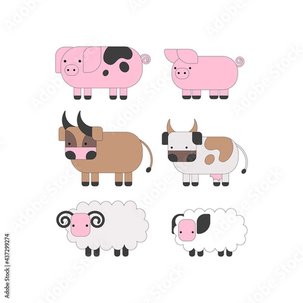 Fototapeta Set with farm animals: pig, cow, bull, sheep. Color vector illustration on white background.