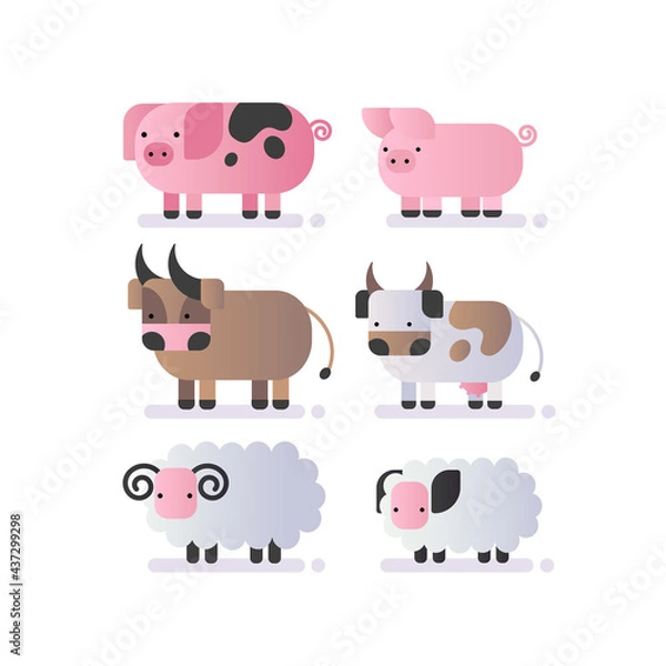 Fototapeta Set with farm animals: pig, cow, bull, sheep. Color vector illustration on white background.