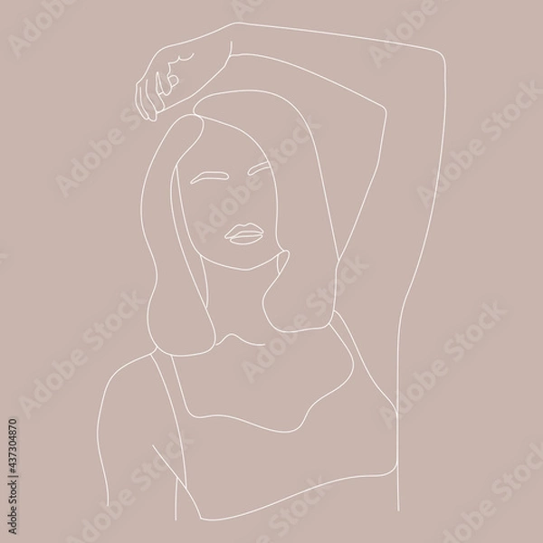 Fototapeta White silhouette of a woman in underwear on a brown background. Line drawing. Trend illustration