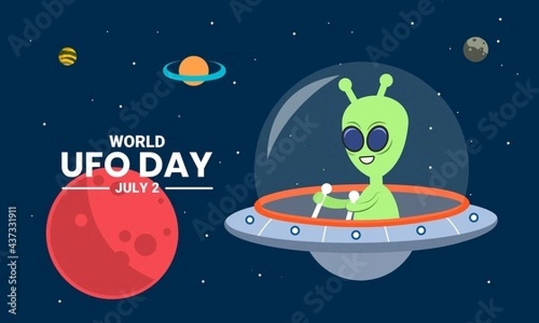 Fototapeta Vector illustration, Alien with UFO plane resembling a flying saucer, hovering in space between planets, as banner, poster or template, world UFO day.